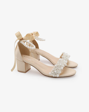 Satin Block Heel Evening Sandals with Perla Applique