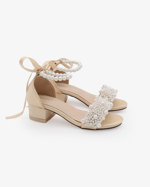 Satin Girls Block Heel Sandals with Perla Applique