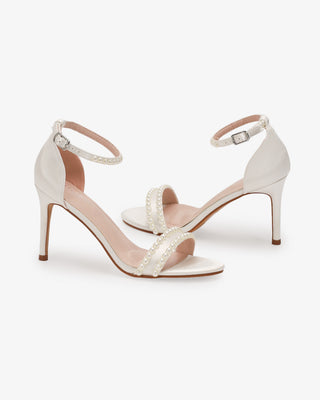 Ivory Satin High Heel Wedding Sandals with Pearls and Ankle Strap
