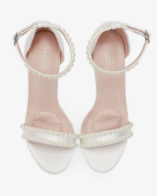 Ivory Satin High Heel Wedding Sandals with Pearls and Ankle Strap