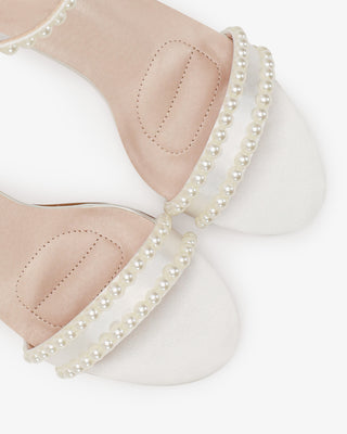 Ivory Satin High Heel Wedding Sandals with Pearls and Ankle Strap