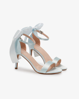 Light Blue Satin High Heel Wedding Sandals with Satin and Pearls Back Bow