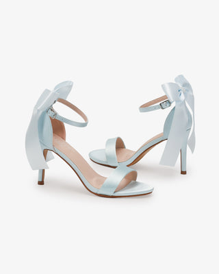 Light Blue Satin High Heel Wedding Sandals with Satin and Pearls Back Bow