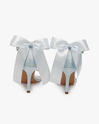 Light Blue Satin High Heel Wedding Sandals with Satin and Pearls Back Bow