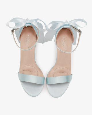 Light Blue Satin High Heel Wedding Sandals with Satin and Pearls Back Bow