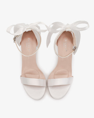 White Satin High Heel Wedding Sandals with Satin and Pearls Back Bow