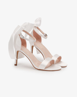 White Satin High Heel Wedding Sandals with Satin and Pearls Back Bow