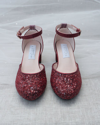 Burgundy Glitter Kids Block Heels