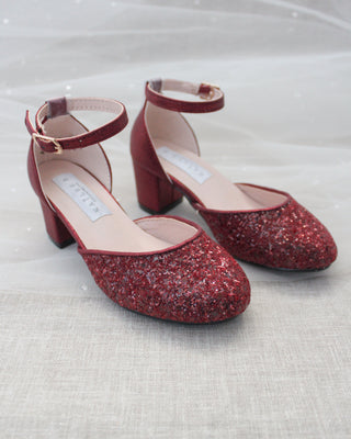 Burgundy Glitter Kids Block Heels