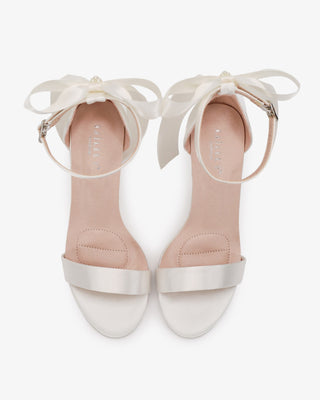 Ivory Satin High Heel Wedding Sandals with Satin and Pearls Back Bow