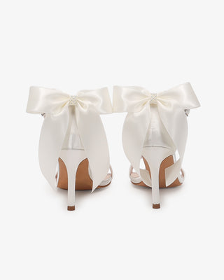 Ivory Satin High Heel Wedding Sandals with Satin and Pearls Back Bow