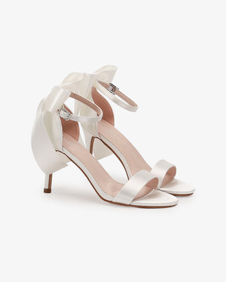 Ivory Satin High Heel Wedding Sandals with Satin and Pearls Back Bow