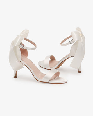Ivory Satin High Heel Wedding Sandals with Satin and Pearls Back Bow