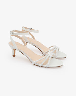 White Satin Low Heel Wedding Sandals with Mini Pearls, Bridal Heels 6