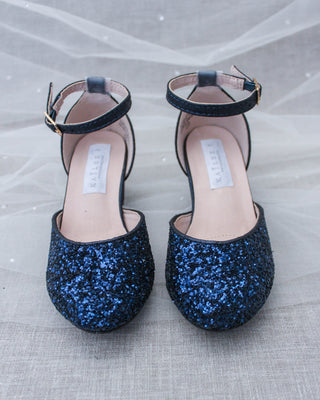 Navy Glitter Kids Block Heels