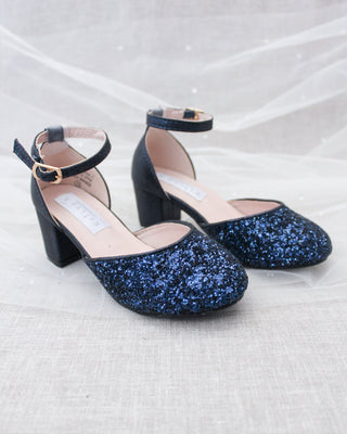 Navy Glitter Kids Block Heels