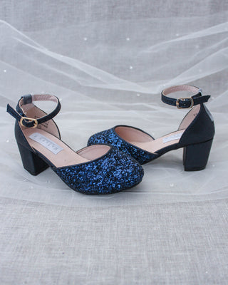 Navy Glitter Kids Block Heels