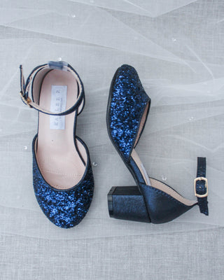 Navy Glitter Kids Block Heels