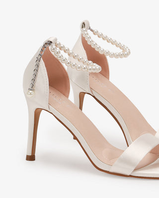 Ivory Satin High Heel Wedding Sandals with Adjustable Pearl Strap
