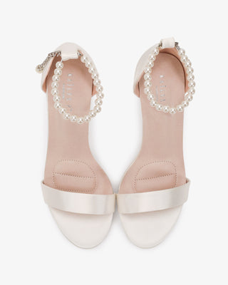Ivory Satin High Heel Wedding Sandals with Adjustable Pearl Strap
