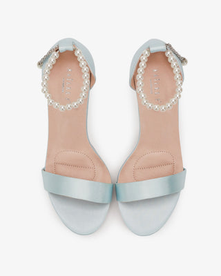 Light Blue Satin High Heel Wedding Sandals with Adjustable Pearl Strap