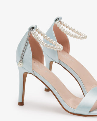 Light Blue Satin High Heel Wedding Sandals with Adjustable Pearl Strap