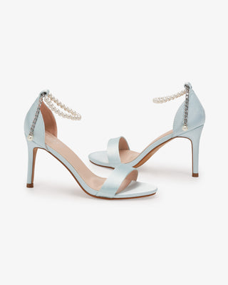 Light Blue Satin High Heel Wedding Sandals with Adjustable Pearl Strap