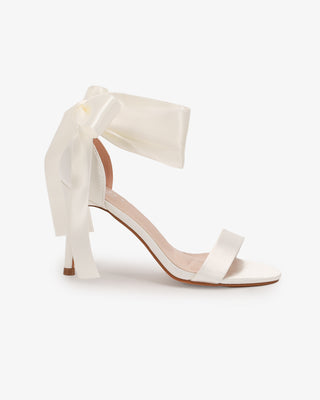 Ivory Satin High Heel Wedding Sandals with Wrapped Satin Ankle Tie