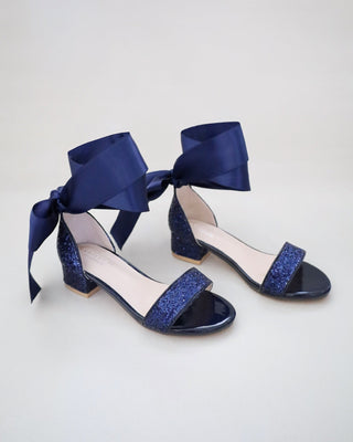 Navy Rock Glitter Low Block Heel Girls Sandals with Wrapped Satin Tie