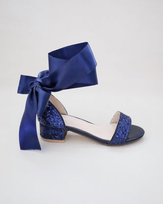 Navy Rock Glitter Low Block Heel Girls Sandals with Wrapped Satin Tie