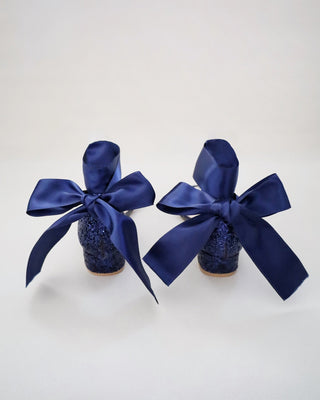 Navy Rock Glitter Low Block Heel Girls Sandals with Wrapped Satin Tie