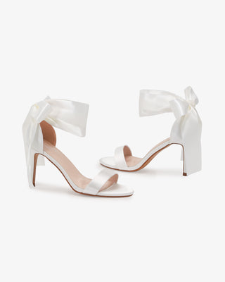 White Satin High Heel Wedding Sandals with Wrapped Satin Ribbon Ankle Tie