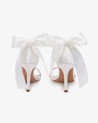 White Satin High Heel Wedding Sandals with Wrapped Satin Ribbon Ankle Tie