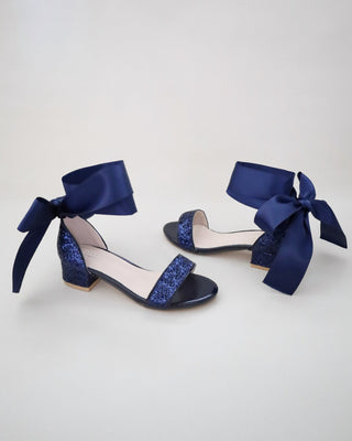 Navy Rock Glitter Low Block Heel Girls Sandals with Wrapped Satin Tie