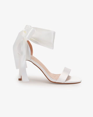 White Satin High Heel Wedding Sandals with Wrapped Satin Ribbon Ankle Tie