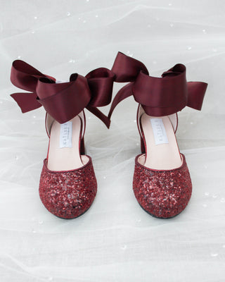 Burgundy Glitter Girls Block Heel