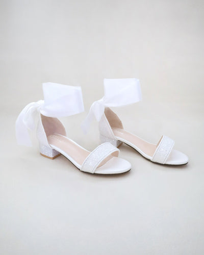 White Glitter Low Block Heel Girls Sandals with Wrapped Satin Tie