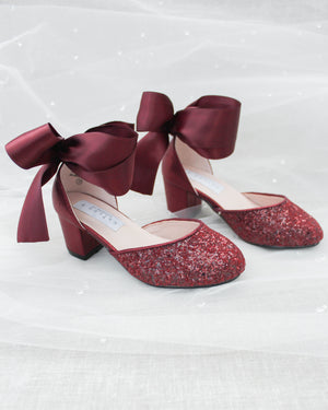 Rock Glitter Block Heel For Girls with Wrapped Satin Tie
