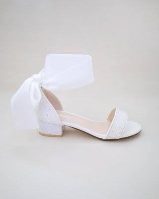 White Glitter Low Block Heel Girls Sandals with Wrapped Satin Tie