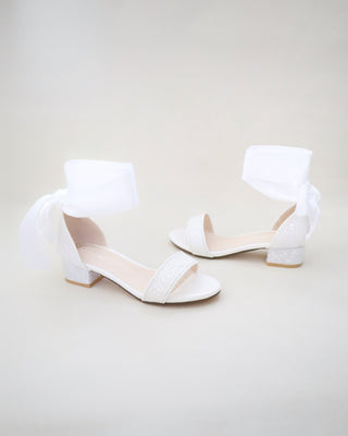 White Glitter Low Block Heel Girls Sandals with Wrapped Satin Tie