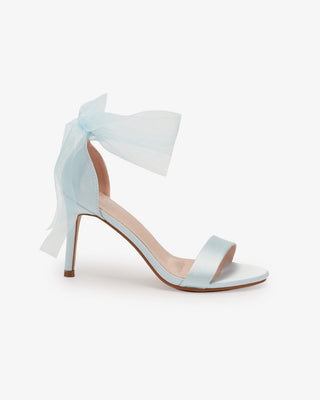 Light Blue Satin High Heel Wedding Sandals with Wrapped Sheer Ribbon Ankle Tie