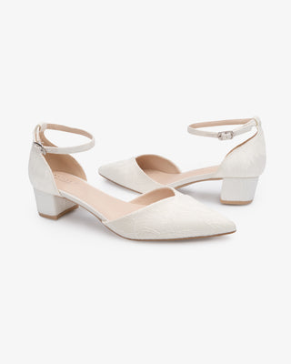 Ivory Lace Pointy Toe Low Block Heels Wedding Shoes, Bridal shoes