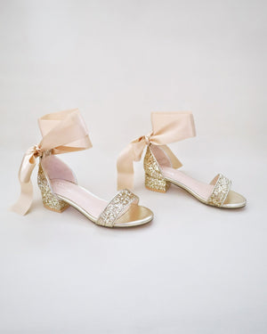 Rock Glitter Low Block Heel Girls Sandals with Wrapped Satin Tie