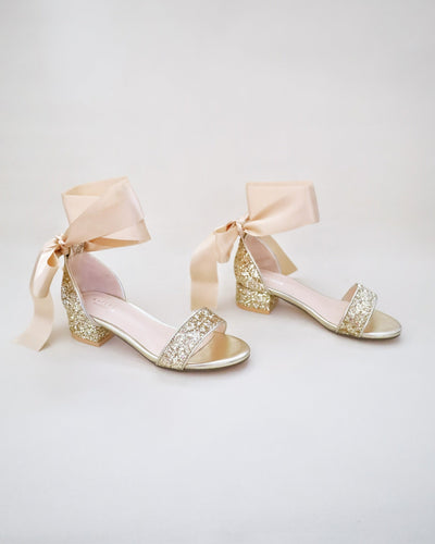 Gold Glitter Low Block Heel Girls Sandals with Wrapped Satin Tie