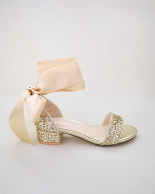 Gold Glitter Low Block Heel Girls Sandals with Wrapped Satin Tie