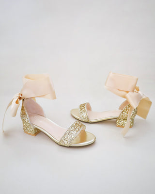 Gold Glitter Low Block Heel Girls Sandals with Wrapped Satin Tie