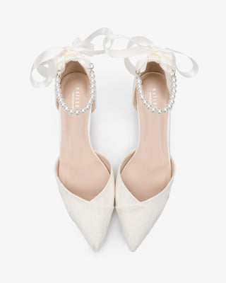 Ivory Lace Pointy Toe Low Block Heels Wedding Shoes with All Pearl Strap