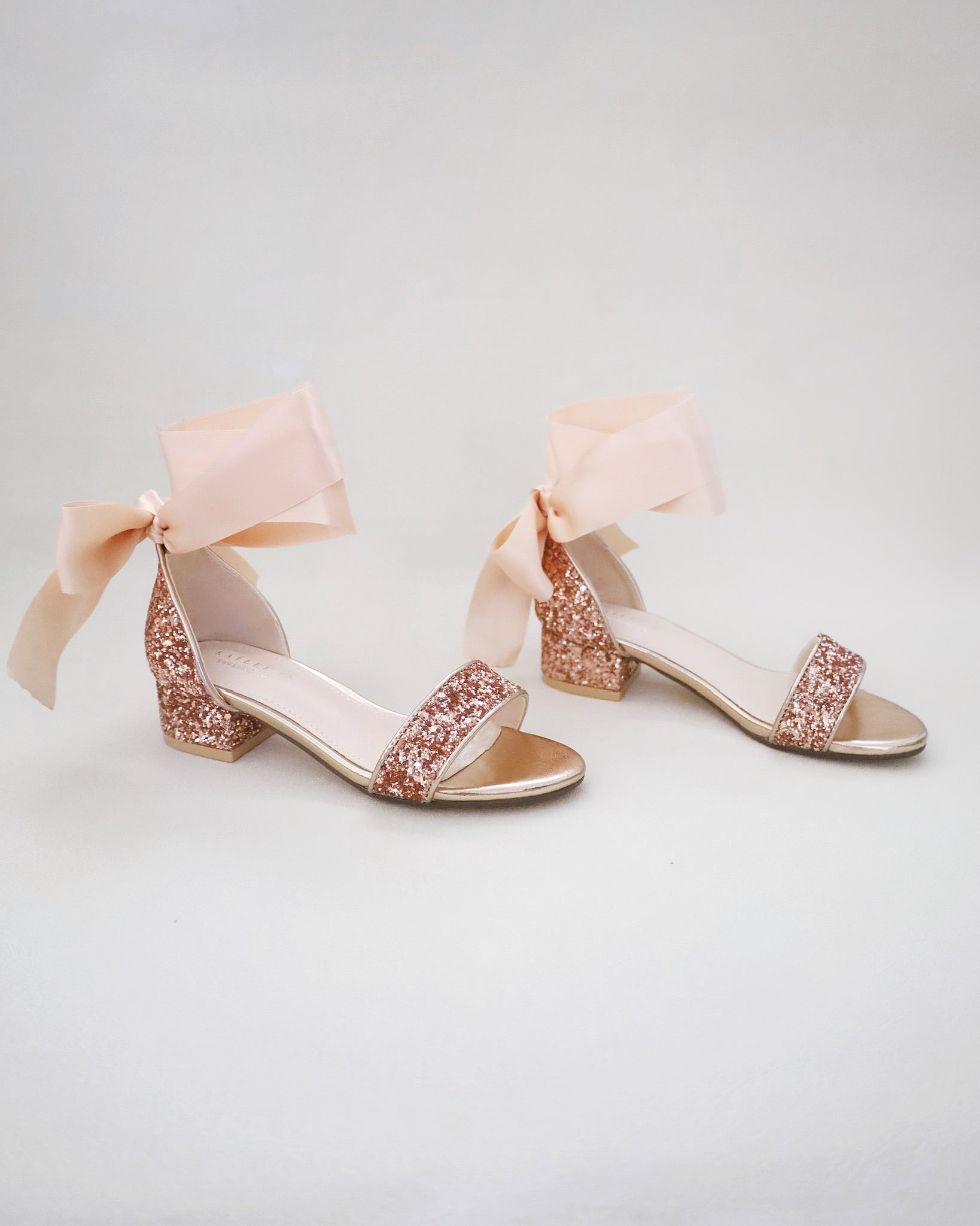 Rose Gold Rock Glitter Low Block Heel Girls Sandals with Wrapped Tie