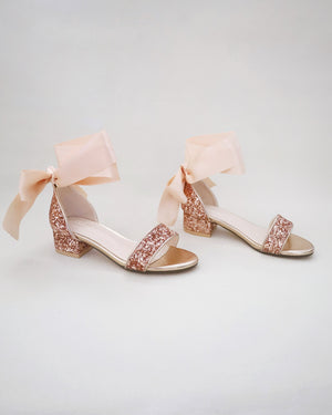 Rock Glitter Low Block Heel Girls Sandals with Wrapped Satin Tie