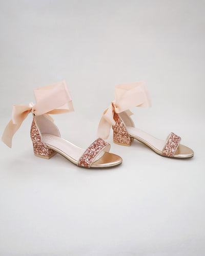 Rose Gold Rock Glitter Low Block Heel Girls Sandals with Wrapped Satin Tie